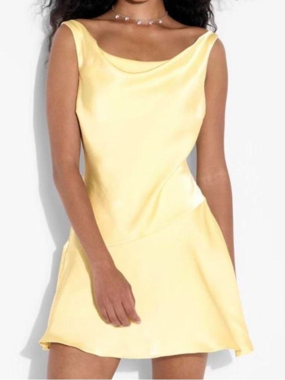 Sexy Satin Cowl Neck Butter Yellow Mini Dress - Picture 3 of 3